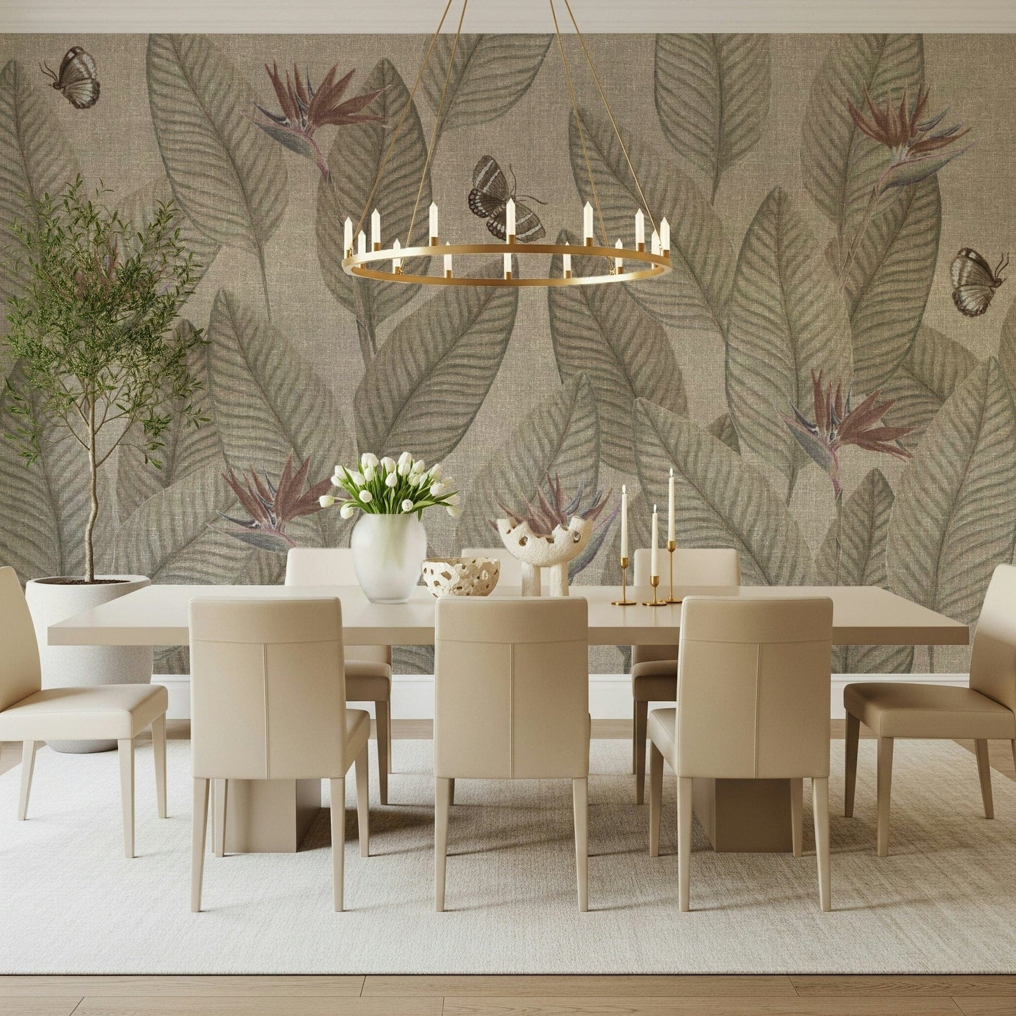 Interior design wall covering: Artistic rendering of natural elements, serene jungle feel.