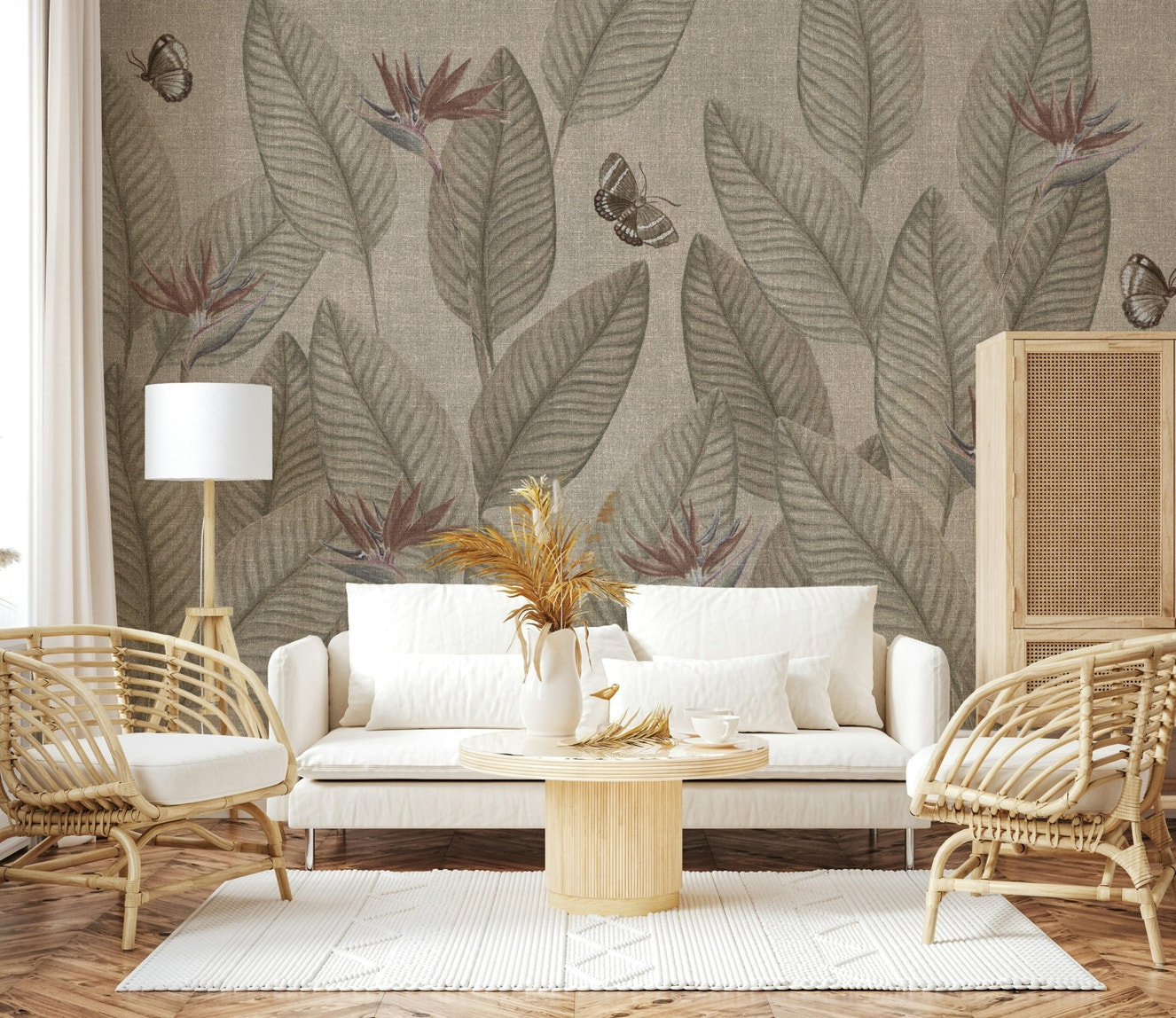 Jungle Life Muted wall mural offers an understated tropical escape with detailed leaves.