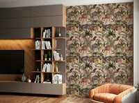 Lush tropical wallpaper with exotic animals and foliage

