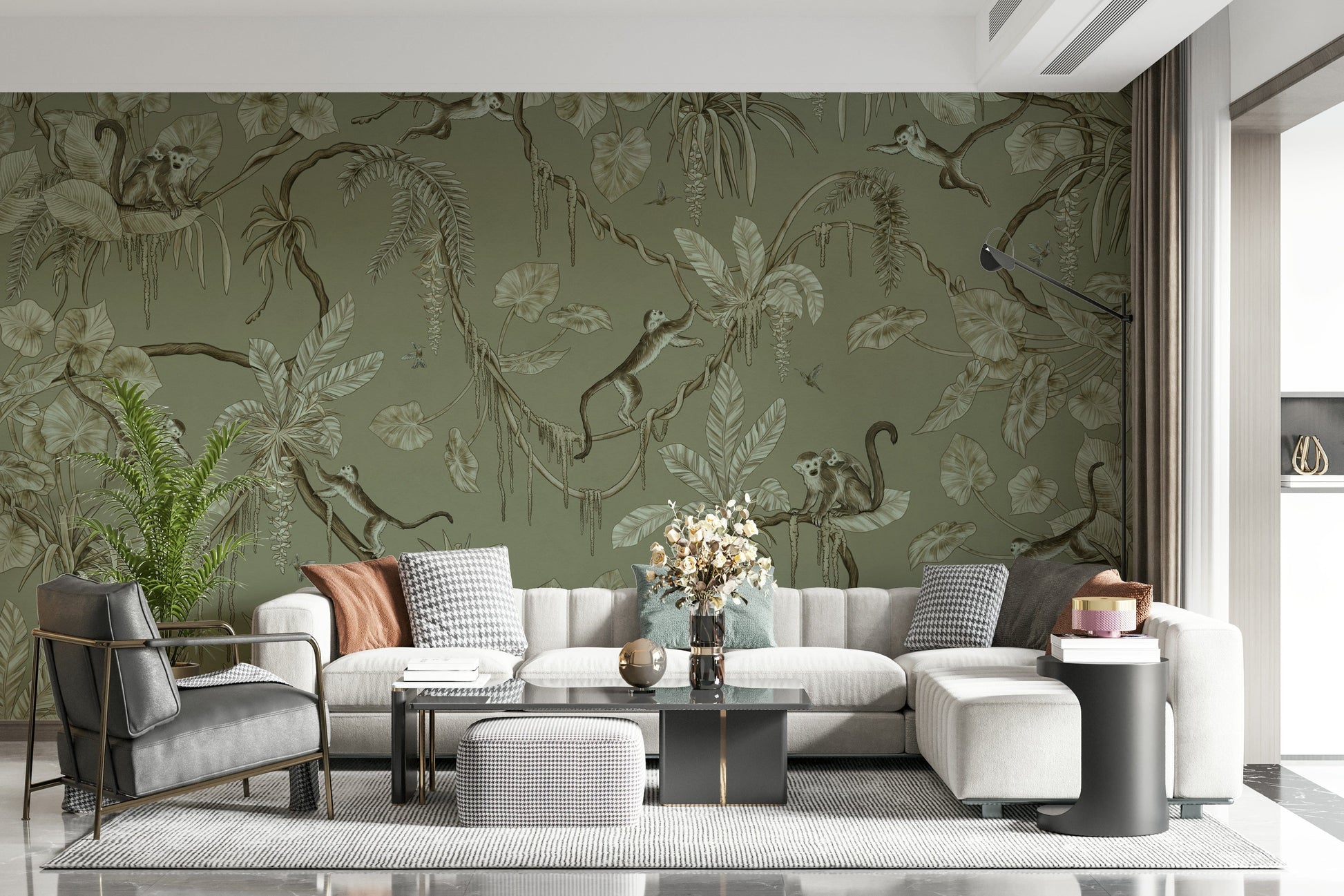 Tropical jungle wall art with monkeys in a lush and vibrant setting
