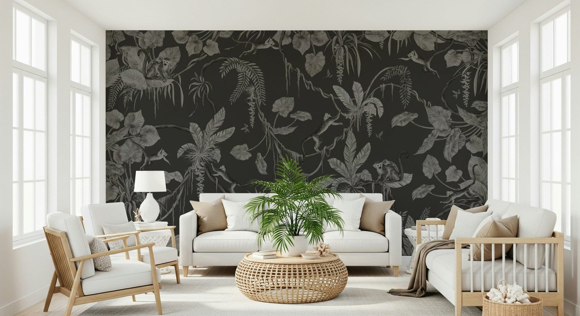 Jungle-inspired wall art featuring twilight skies and dense tropical greenery