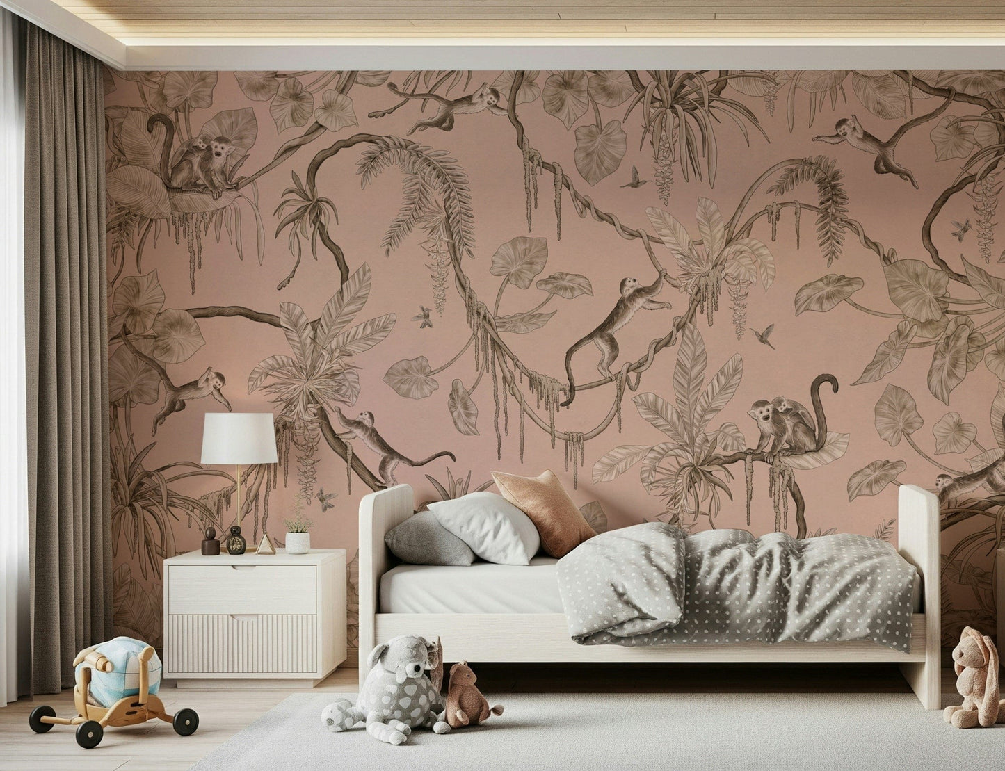 Artistic jungle wall art blending exotic animals with vibrant foliage