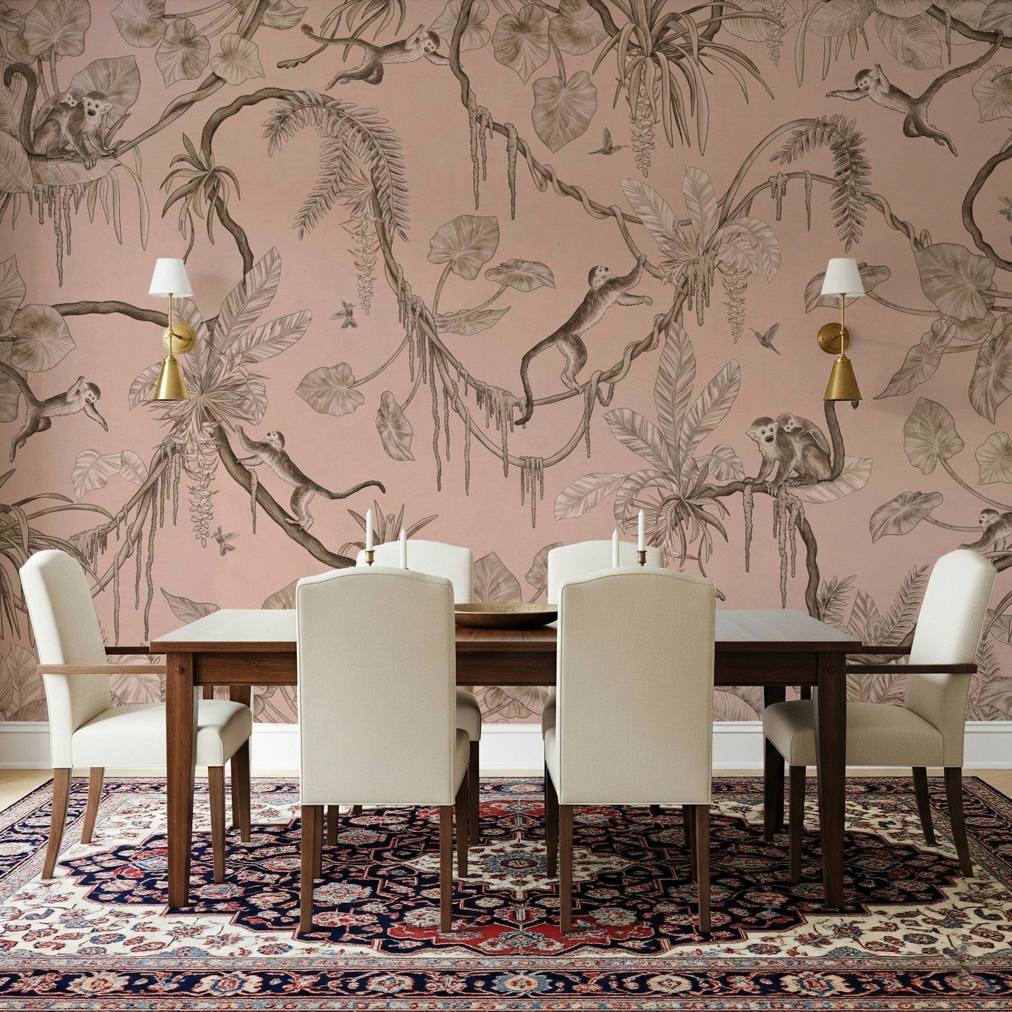 Lush jungle mural with birds and monkeys creating a lively tropical scene