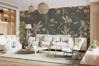 Jungle-inspired wall art featuring birds perched among flowering branches