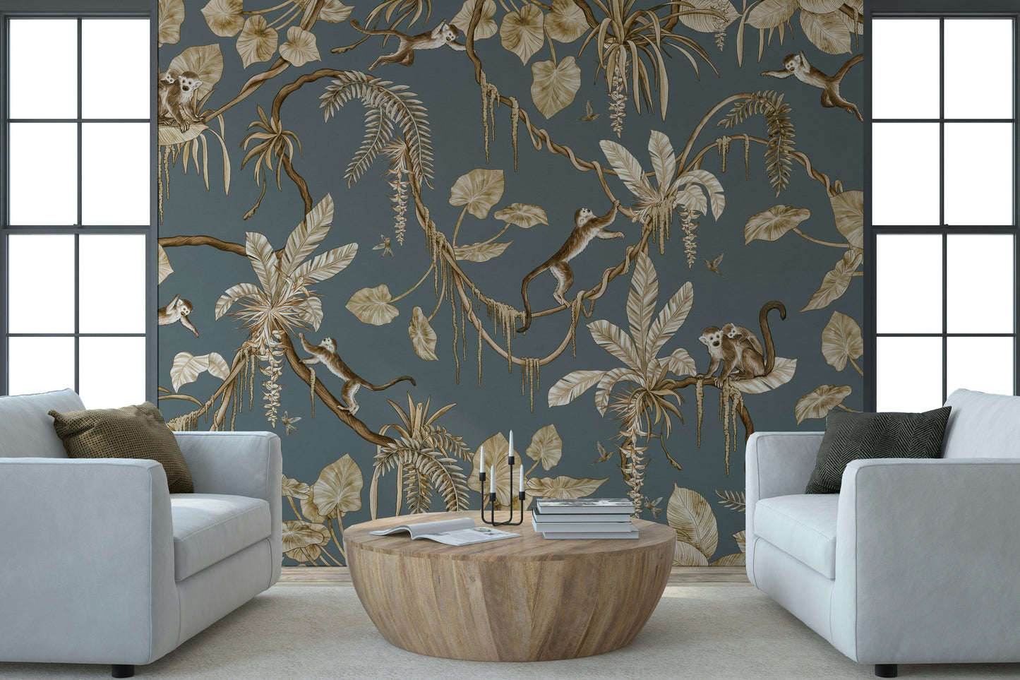 Artistic mural blending exotic animals and vibrant tropical plants