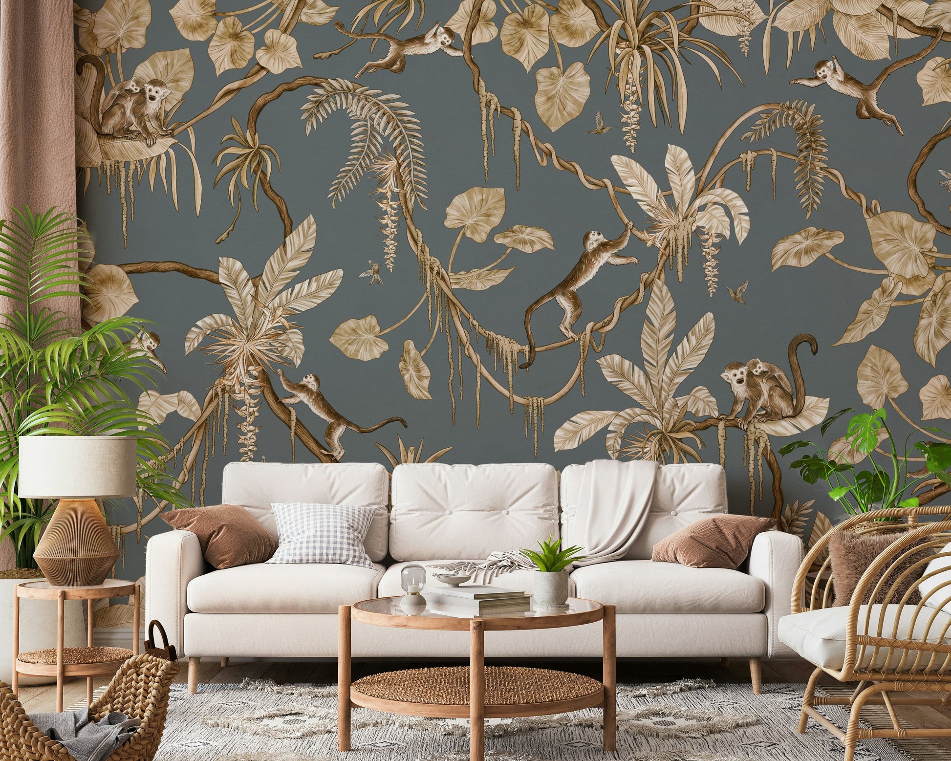 Tropical wallpaper with colorful birds, playful monkeys, and dense foliage