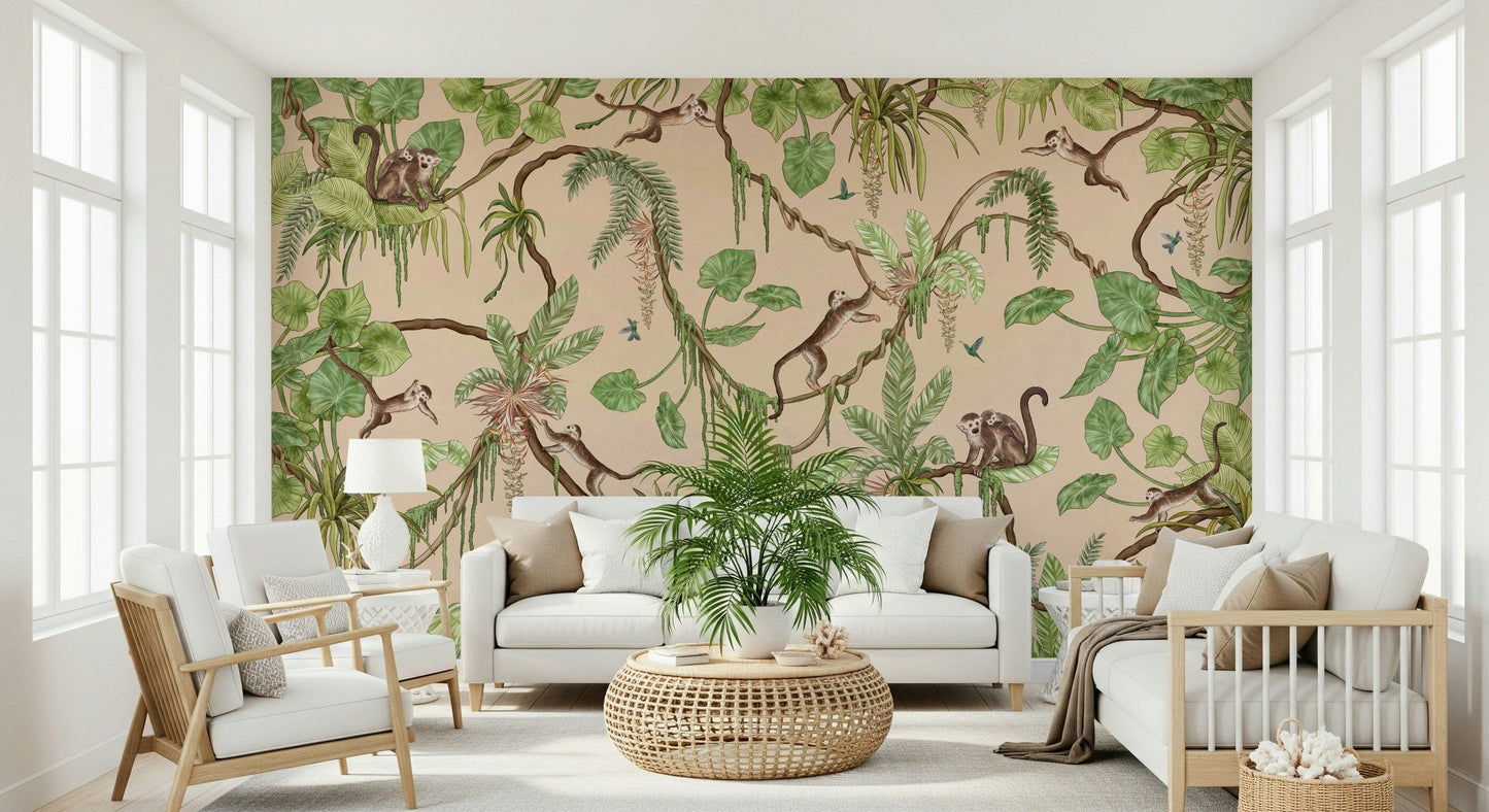 Decorative wall art featuring a vibrant tropical jungle with playful animals