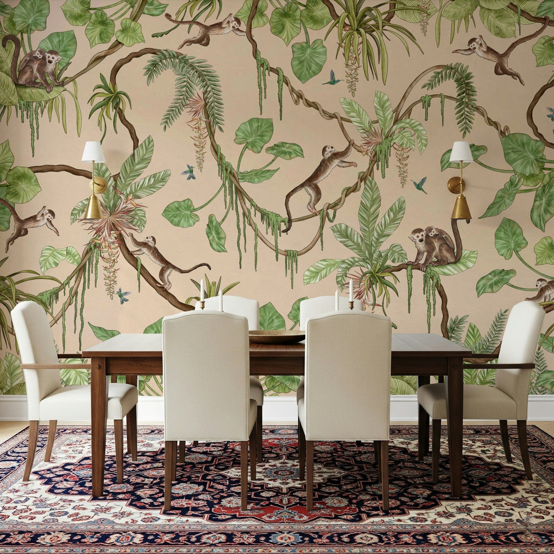 Artistic wall covering blending playful animals with jungle greenery