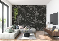 Tropical forest mural with dark tones and subtle evening lighting