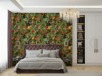 Tropical wallpaper mural with vibrant green plants and trees.

