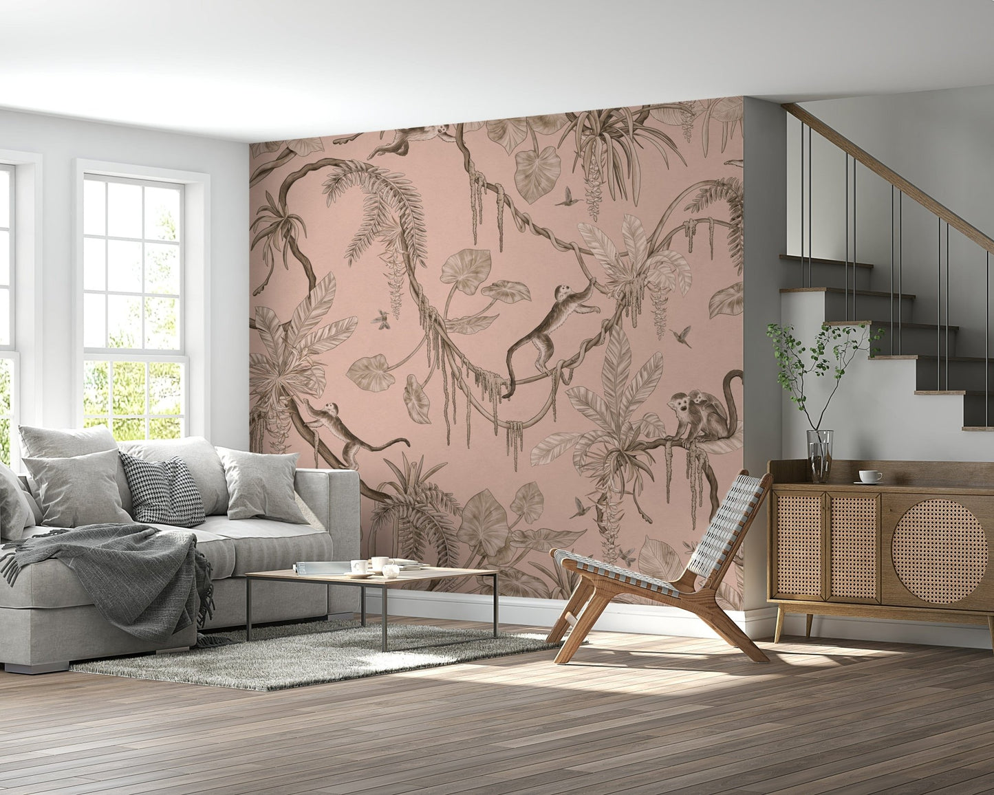 Nature-themed wall mural capturing the harmony of birds and animals in the jungle