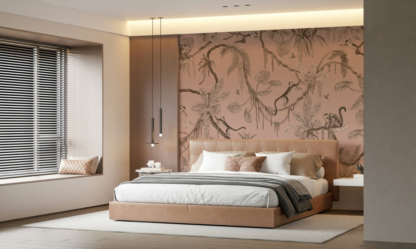 Tropical mural featuring dense leaves, vines, and colorful jungle wildlife