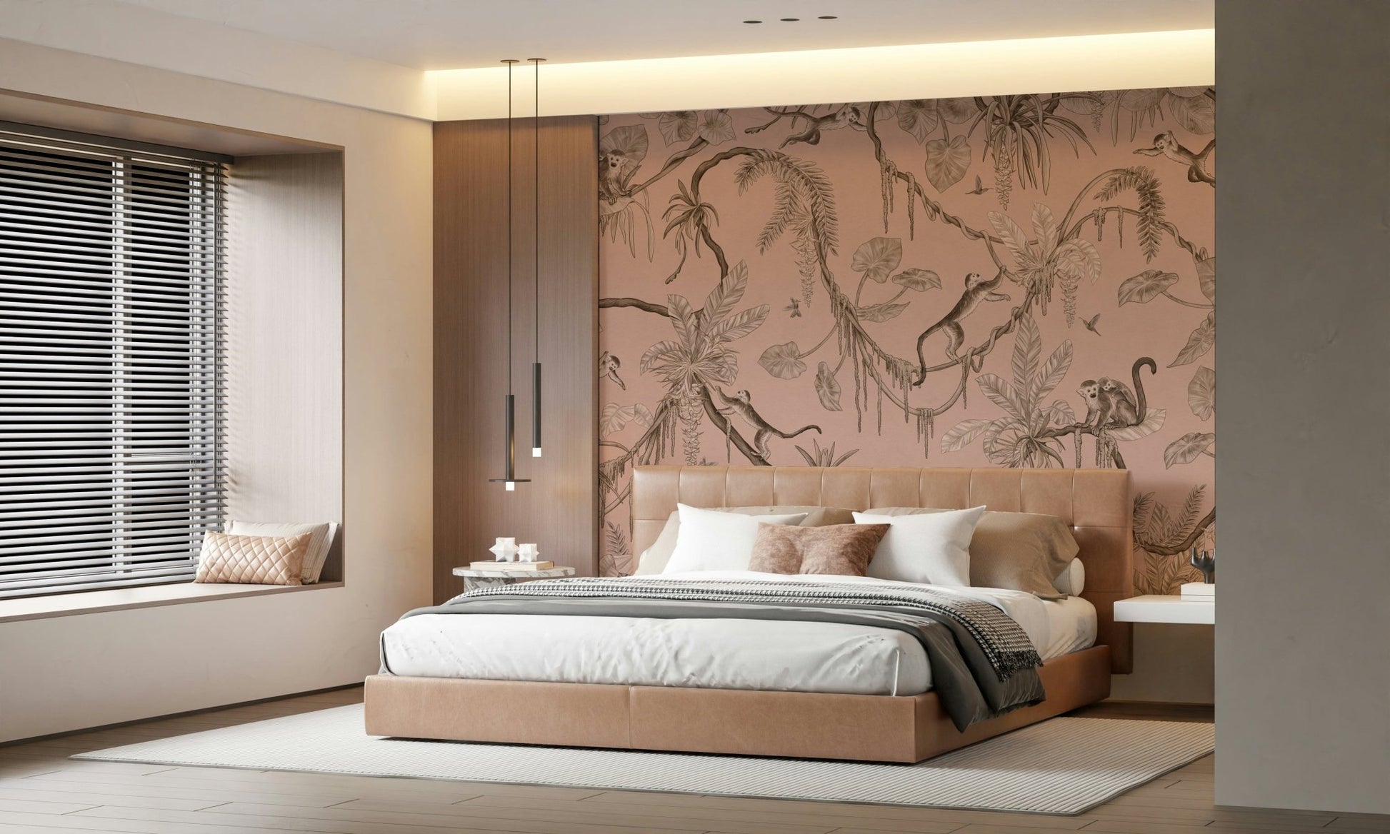 Tropical mural featuring dense leaves, vines, and colorful jungle wildlife