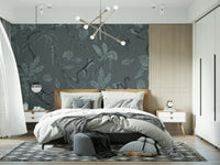 Relaxing jungle mural blending sketch-style plants and leaves in soft blue