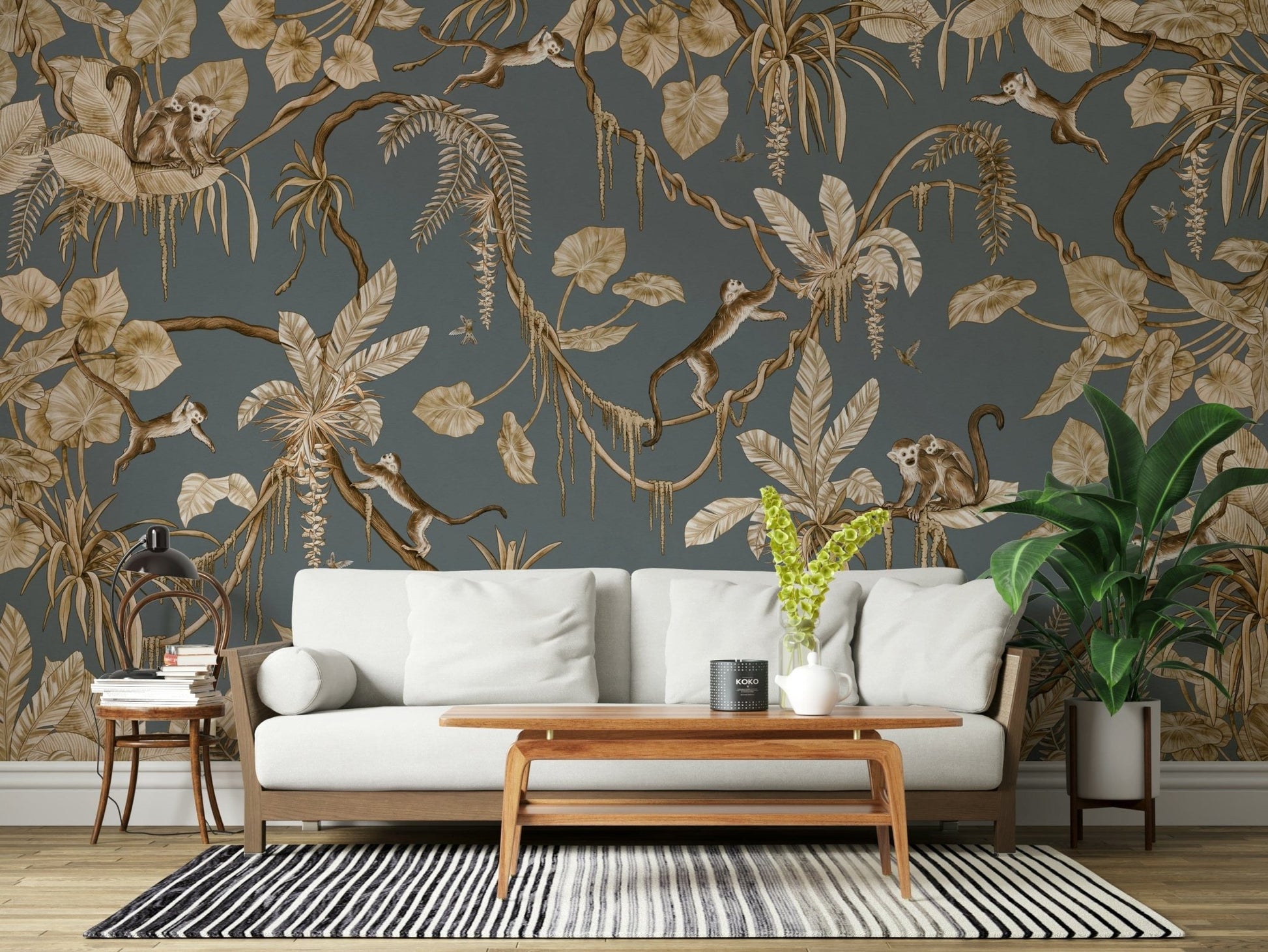 Serene mural of tropical flora and fauna in a vibrant jungle setting