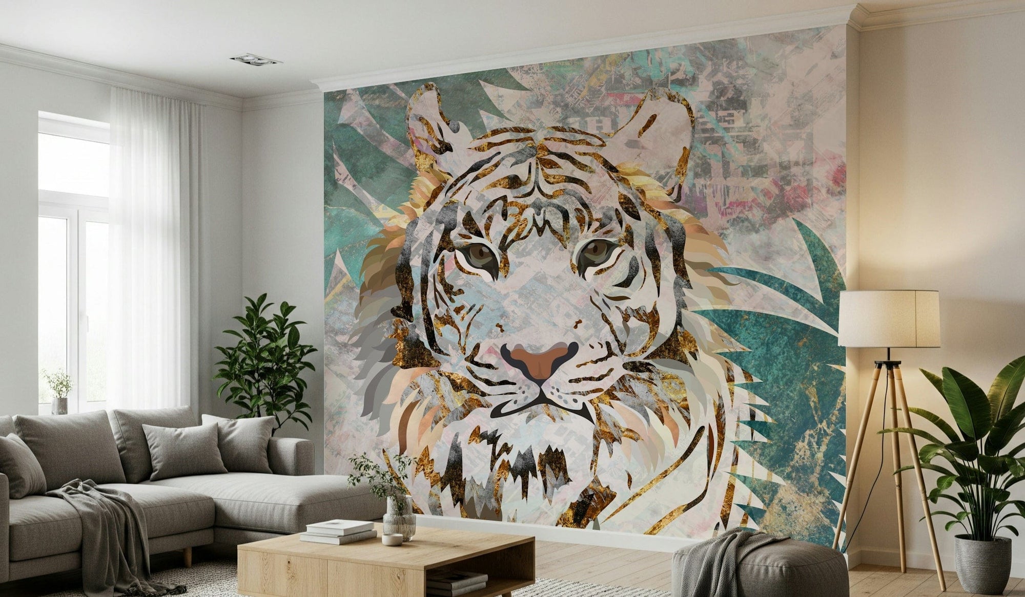 Majestic Jungle Tiger wallpaper mural with a white tiger and teal leaves behind a grey sectional in a bright living room