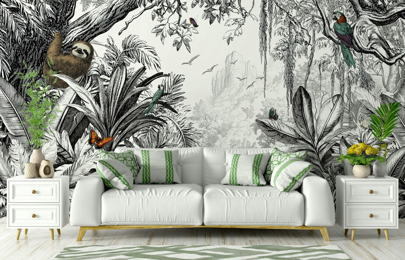 Jungle Vista - Black & White Wall Mural featuring lush jungle foliage.


