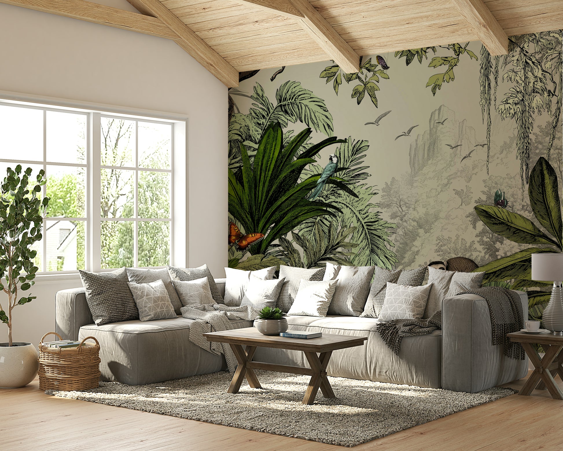 Sunlit jungle mural with vibrant greenery for modern interiors.

