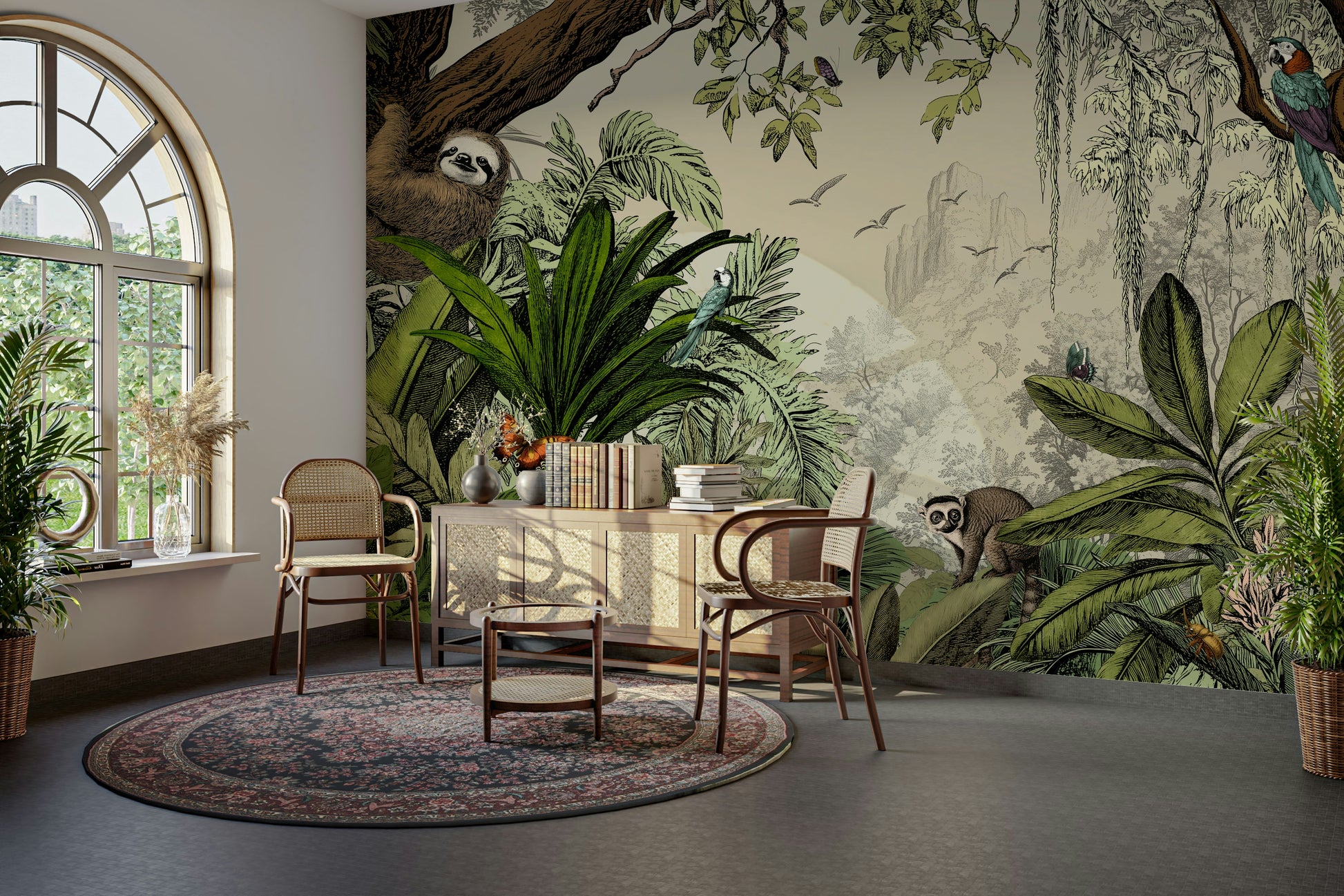 Nature-inspired wall mural of a jungle scene during the day.

