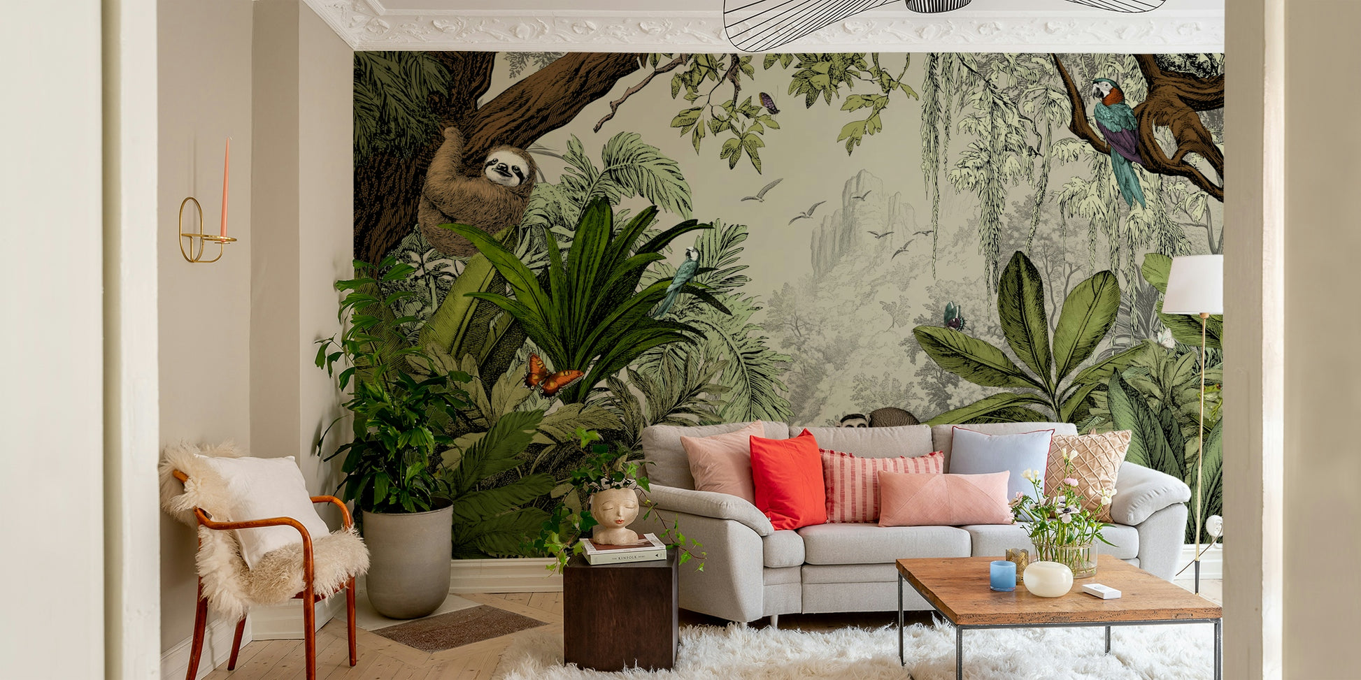 Tropical jungle day mural with rich greenery and bright colors.

