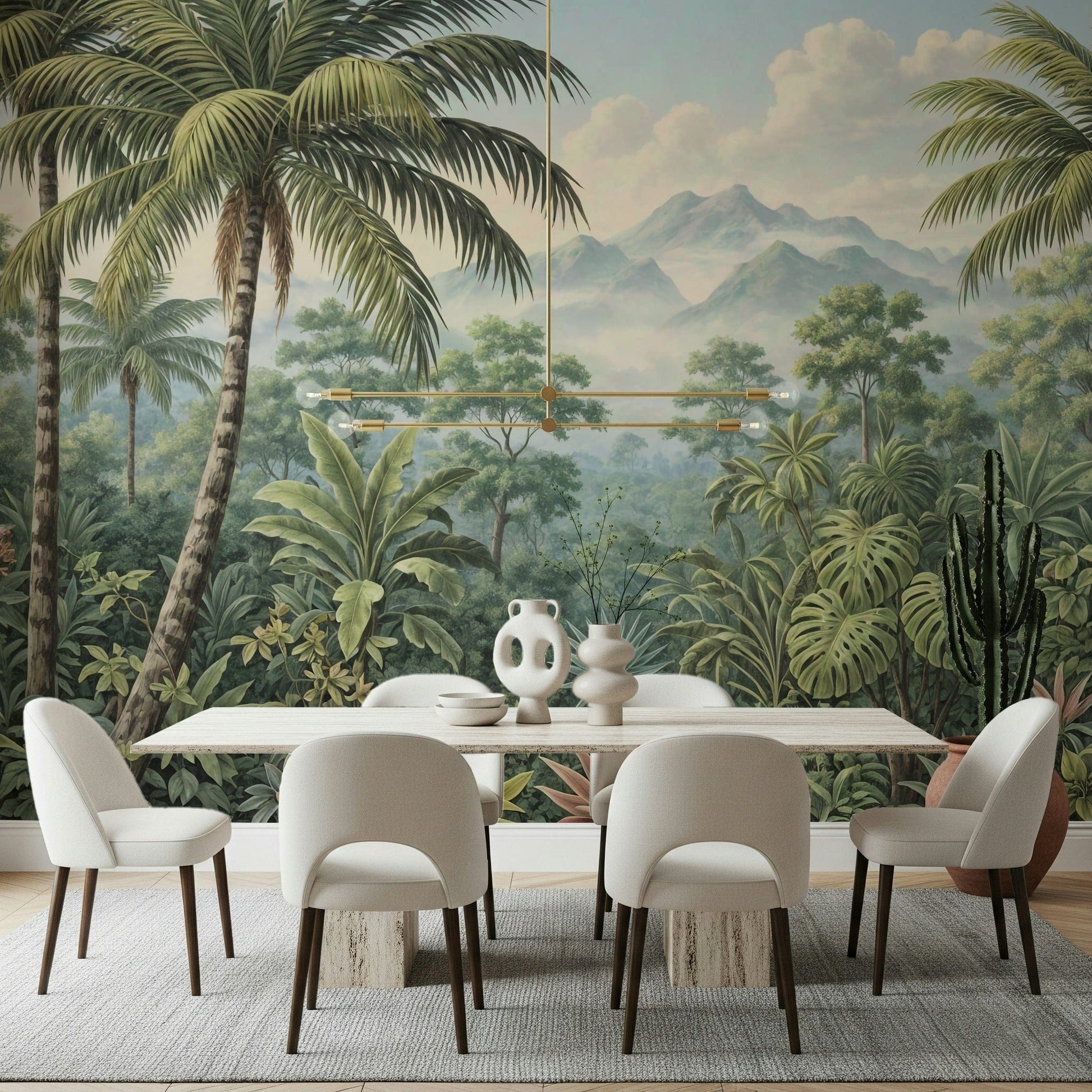 Jungle Vista wall mural features misty tropical mountain peak scenery.