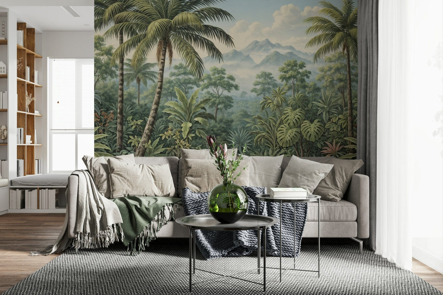 Foggy hills peak behind dense rainforest mural wallpaper.