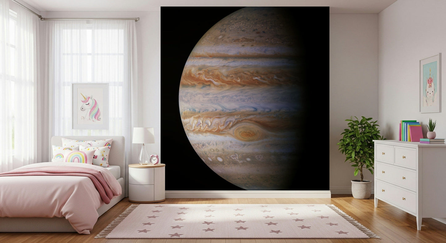 Space-themed Jupiter mural in home office, calm dark color palette