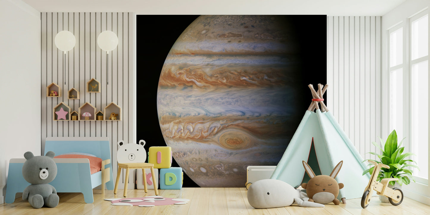Jupiter mural above bed, space art style, rich blues with subtle highlights