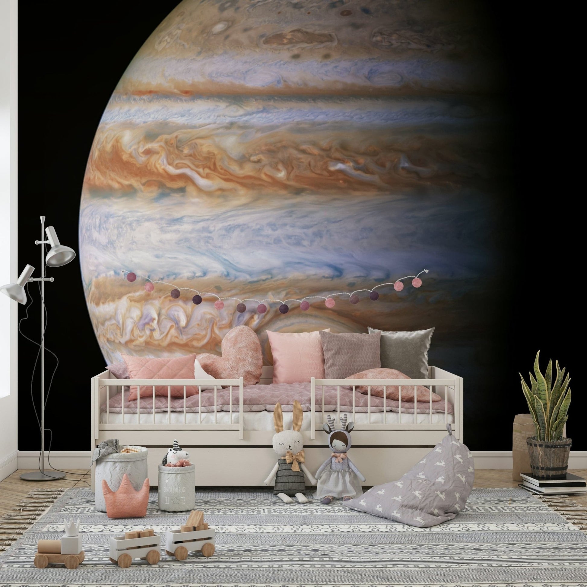 Planet Jupiter wallpaper in reading nook, soft lighting, modern wall decor
