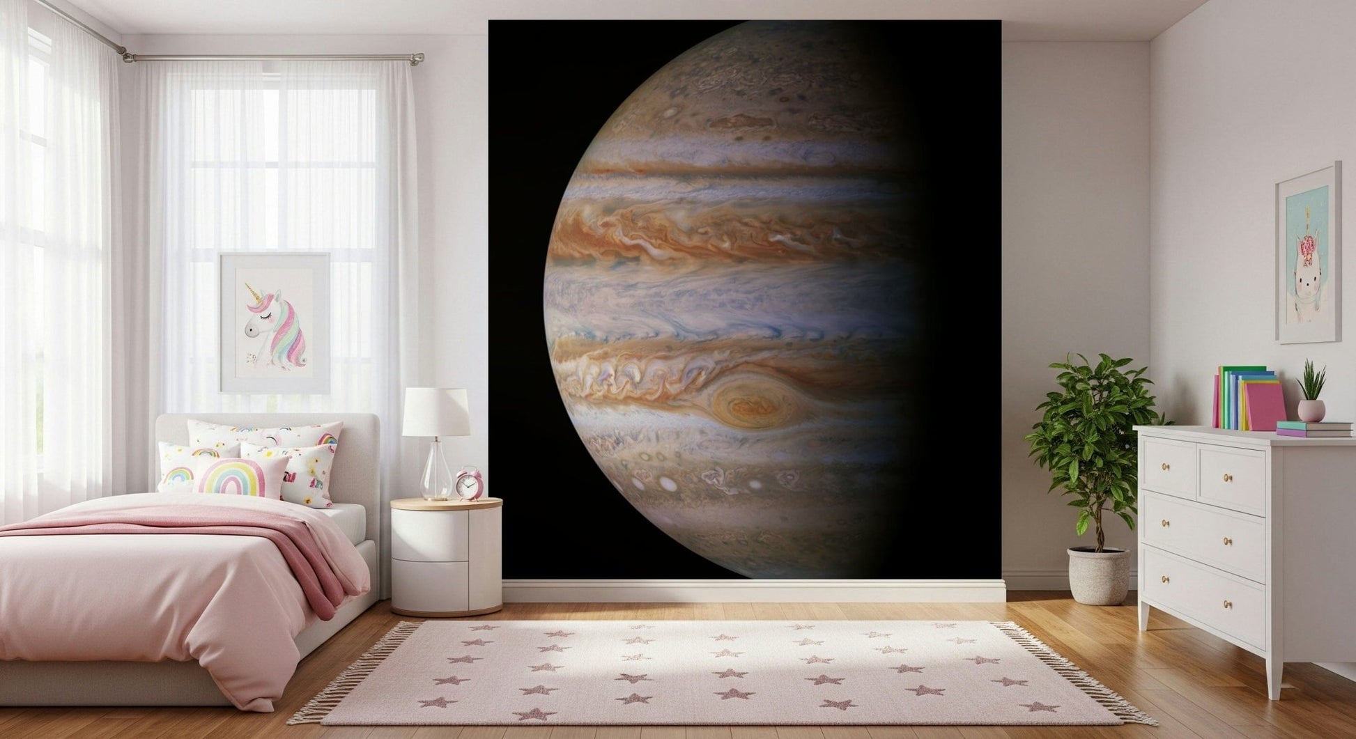 Space-themed Jupiter mural in home office, calm dark color palette