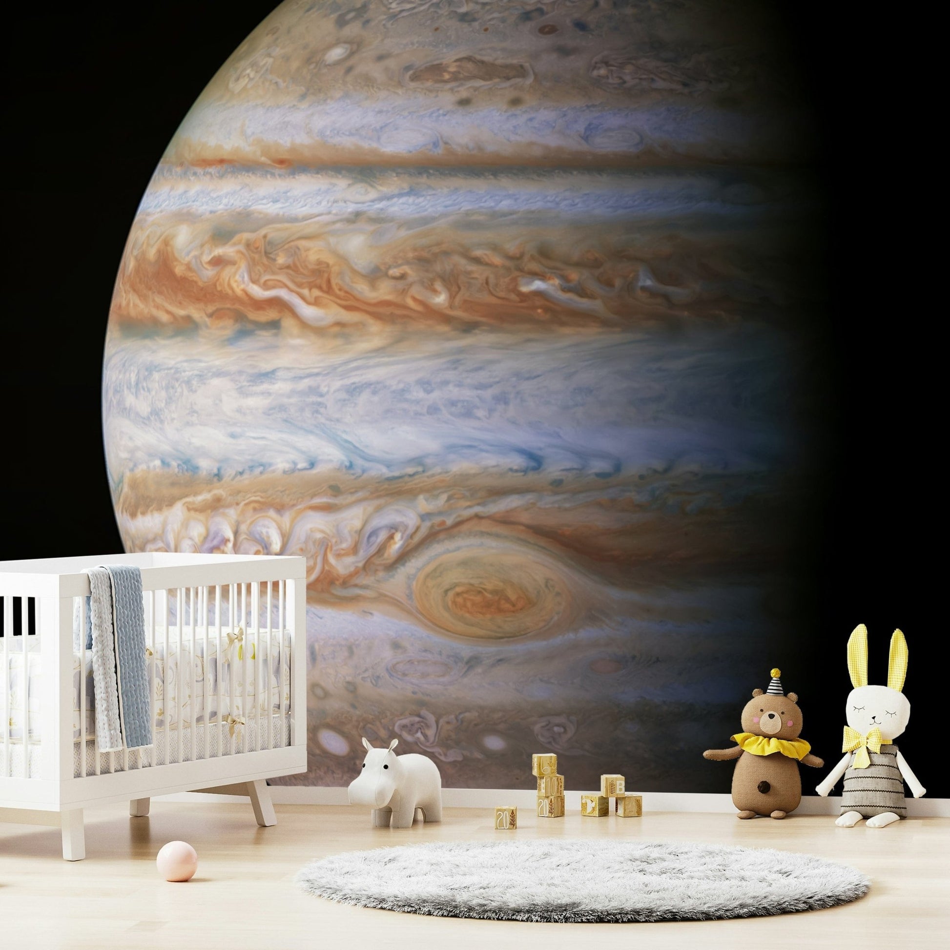 Jupiter mural in game room, galaxy background with detailed planet bands