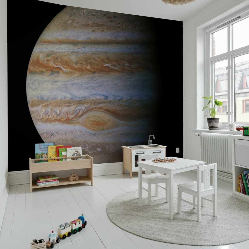Jupiter's Majesty Wall Mural behind sofa, modern apartment wall decor look
