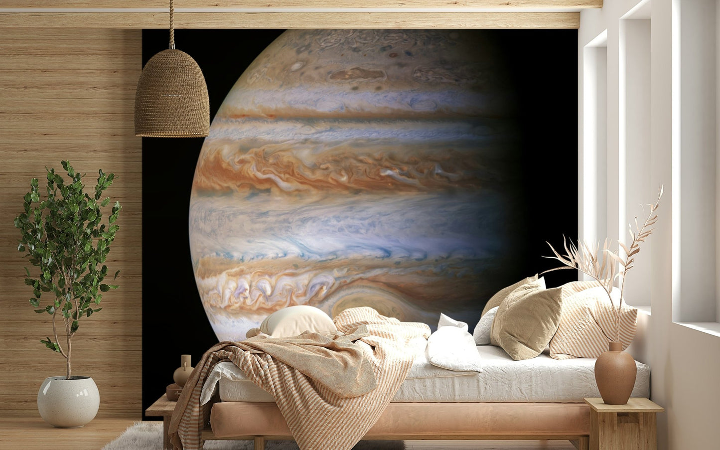Jupiter wall mural in kids room, astronomy style with stars and nebula glow
