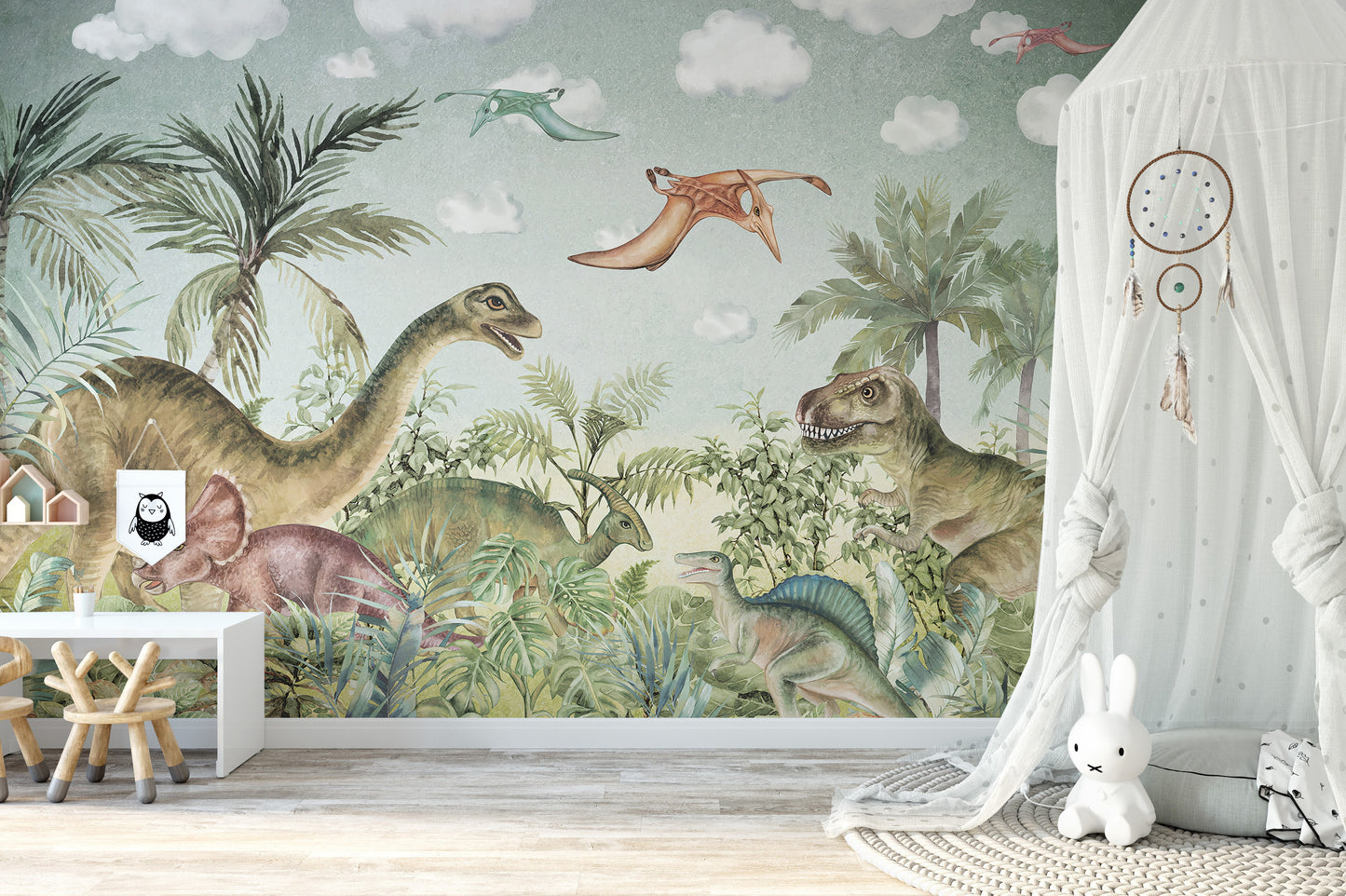 Jurassic adventure wall mural creating a prehistoric vibe for kids.
