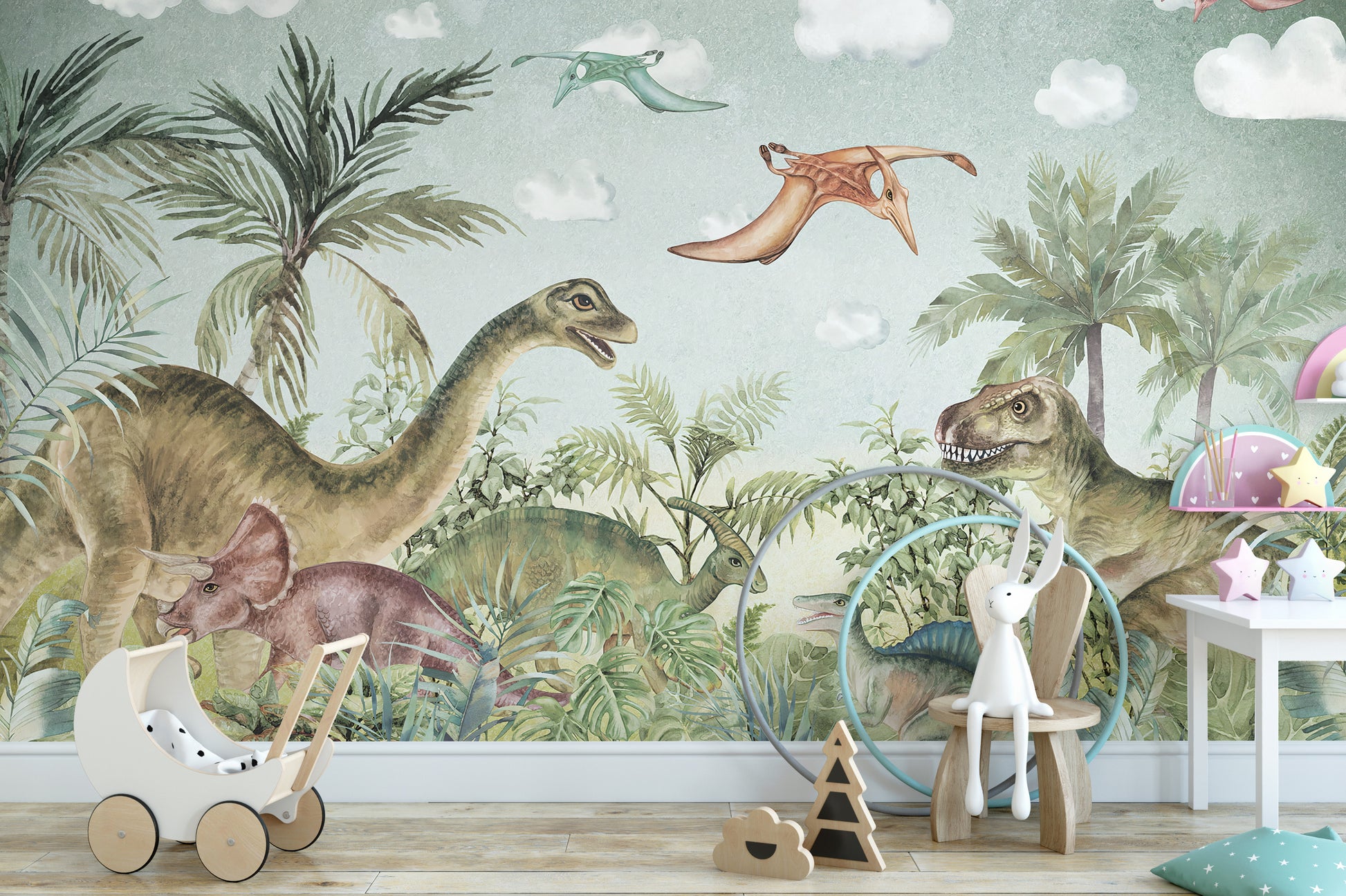 Thrilling Jurassic-themed wallpaper mural for kids' bedrooms.
