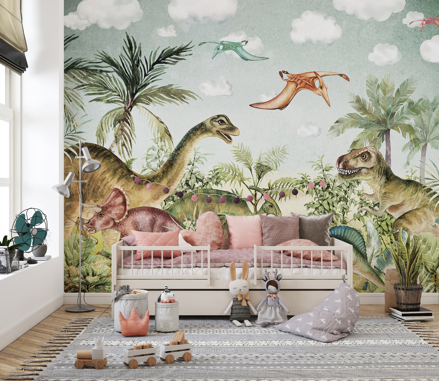 Dinosaur adventure mural bringing Jurassic fun to kids' walls.
