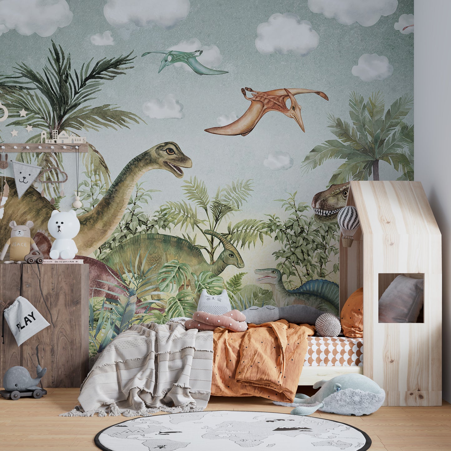 Vibrant Jurassic wall mural with dinosaurs for kids' play areas.

