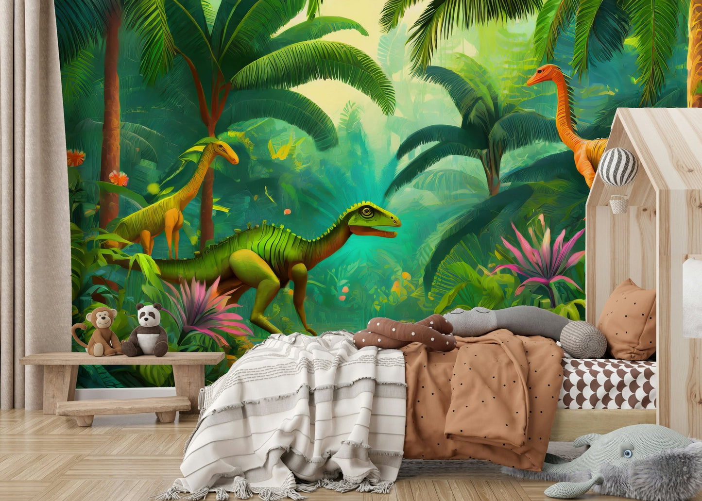 Dinosaur wallpaper mural with lush tropical plants

