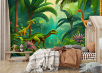 Dinosaur wallpaper mural with lush tropical plants

