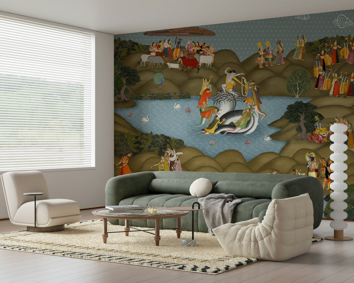 Kaliya Mardan Saga wall mural depicting Krishna and the Kaliya serpent