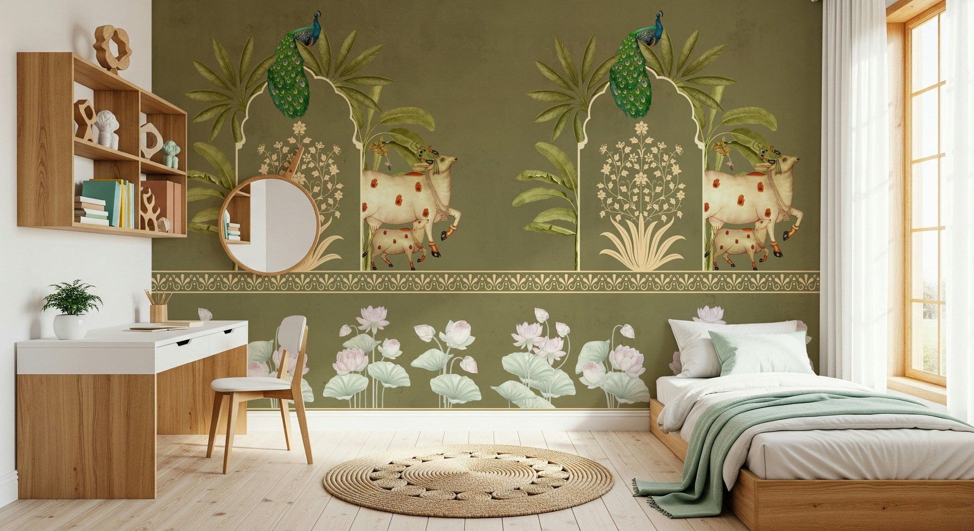 Indian-inspired Kamdhenu wall mural for peaceful bedroom wall
