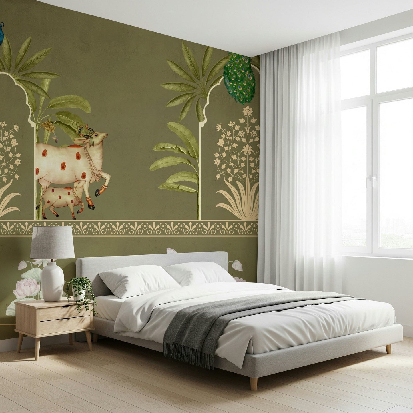 Tulsi-Green Kamdhenu mural for feature wall in living room