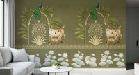 Green Kamdhenu wall mural for apartment meditation room decor