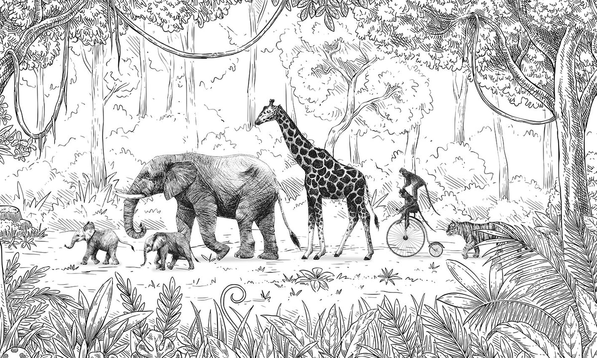 Animal Parade Black and White Wall Mural in your room
