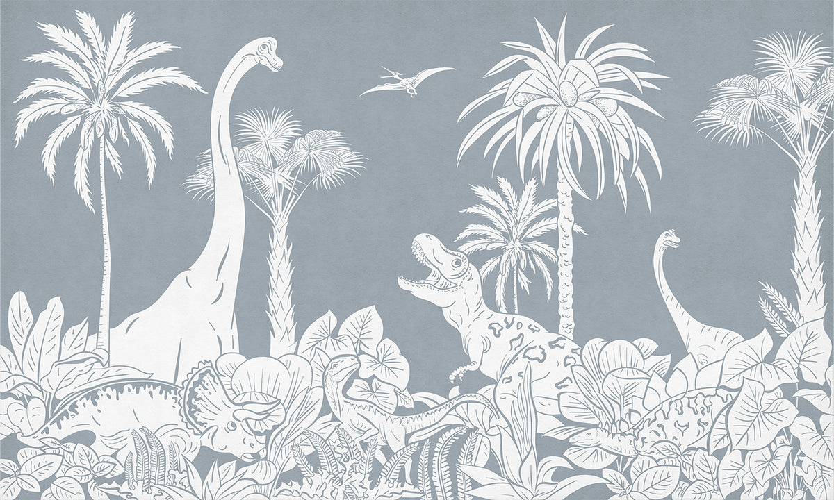 Mural Monochrome Dino Blue in your room — zoomed