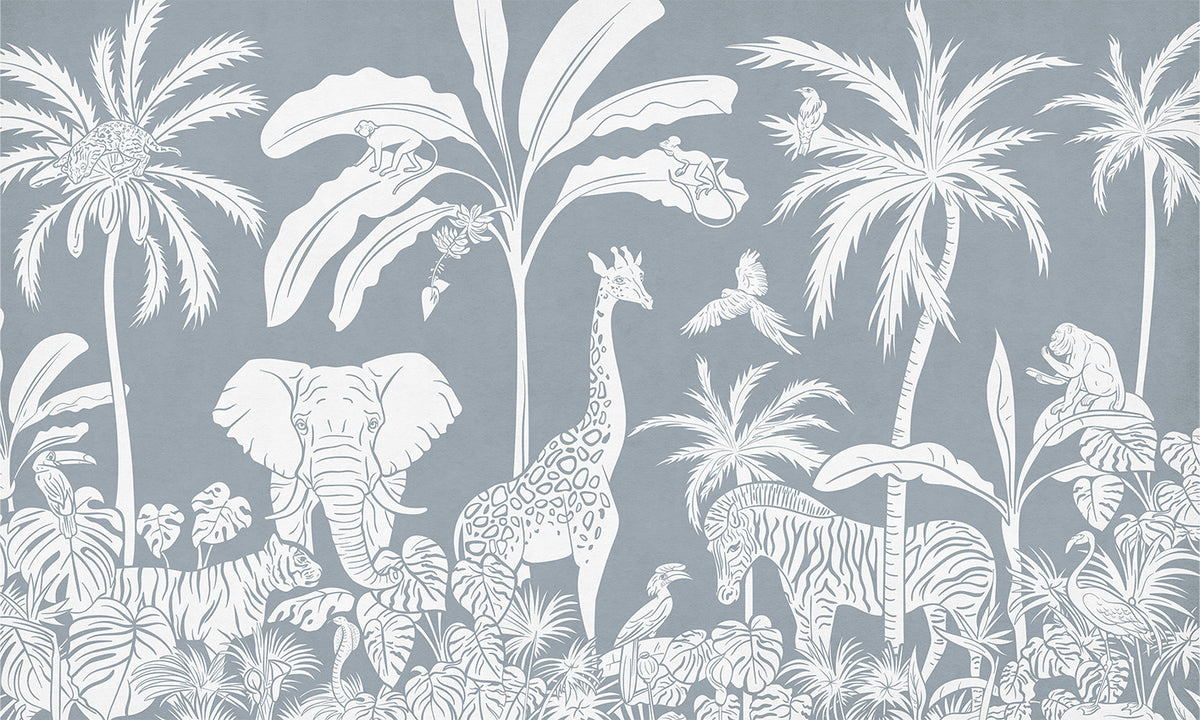 Monochrome Jungle Blue Wall Mural