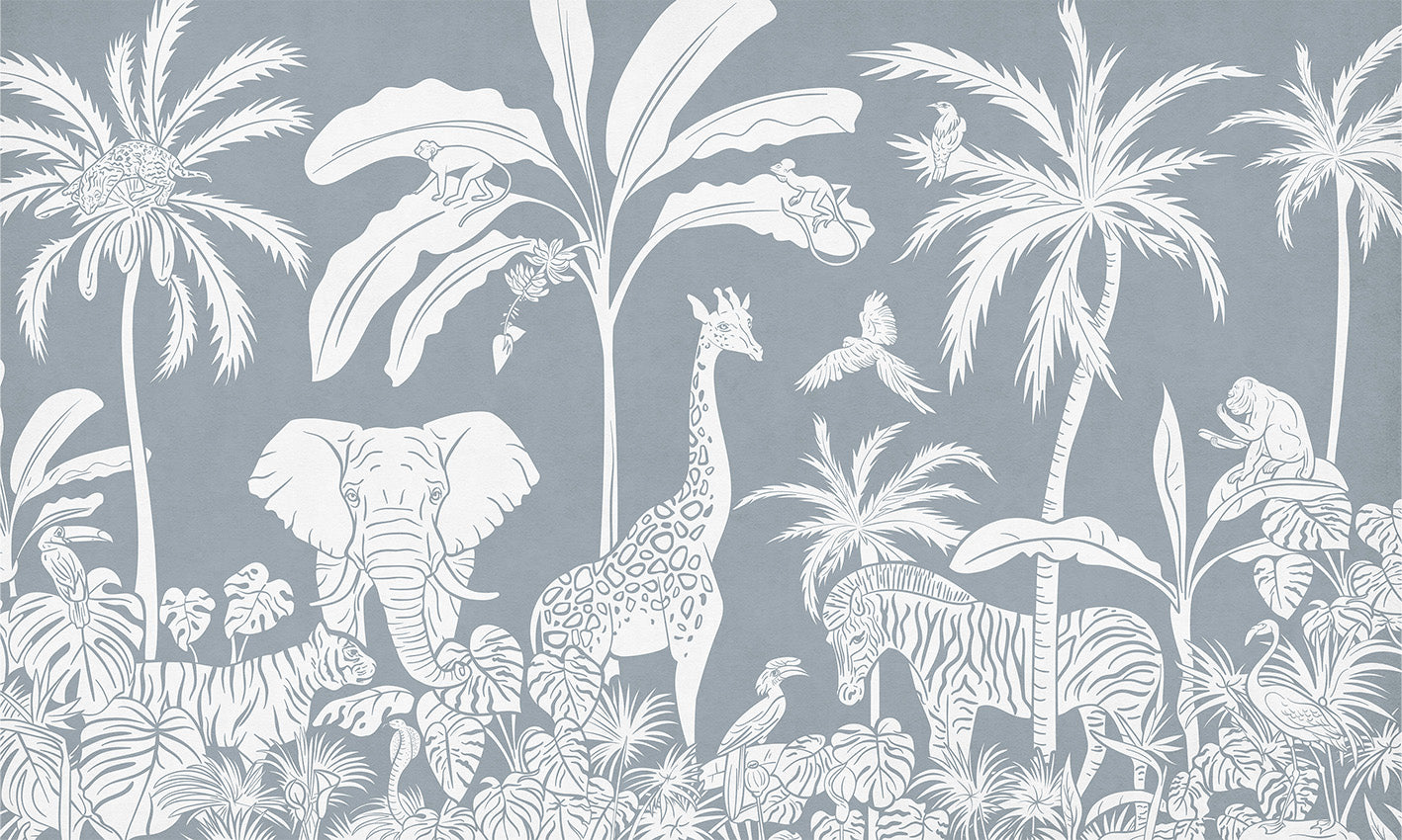 Monochrome Jungle Blue Wall Mural in your room — zoomed