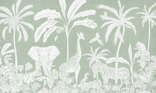 Monochrome Jungle Green Wall Mural