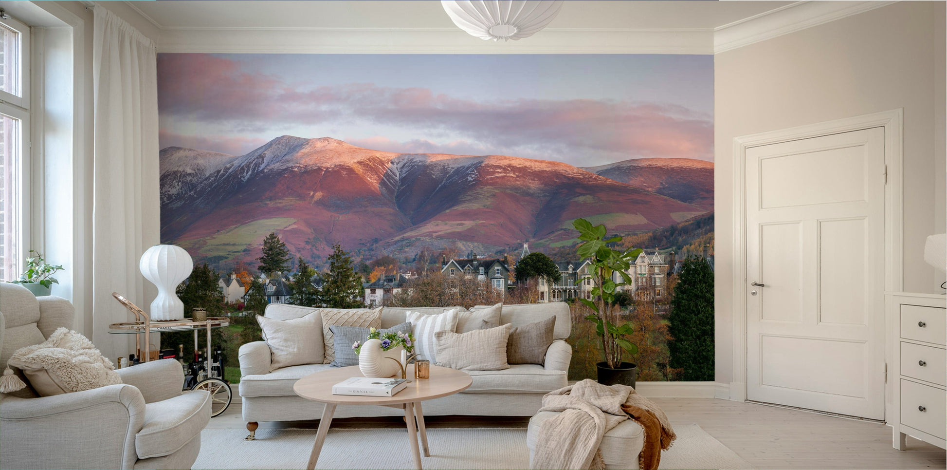 A graceful subtle lake wall mural in warm, natural tones.

