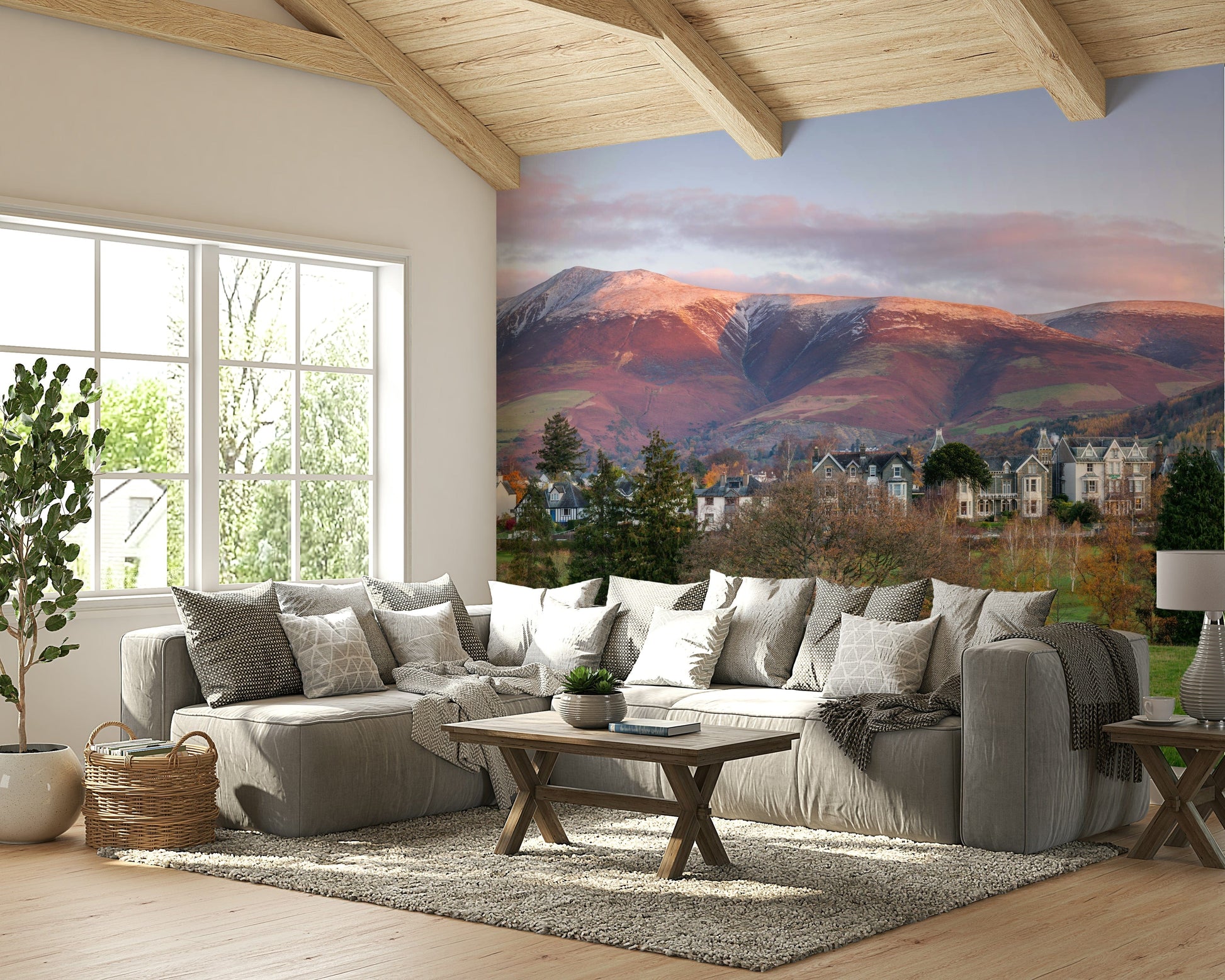 An artistic mountain lake mural on scenic wallpaper.

